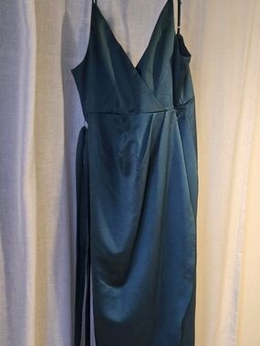 Lulu's Deep Dark Green/Teal Satin Midi Wrap Dress
